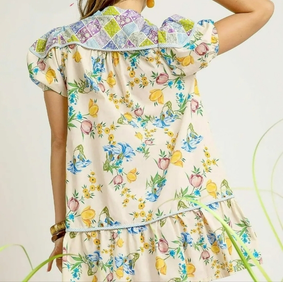 Umgee Floral Print Tie Neck Puff Sleeve Dress - Picture 3 of 5